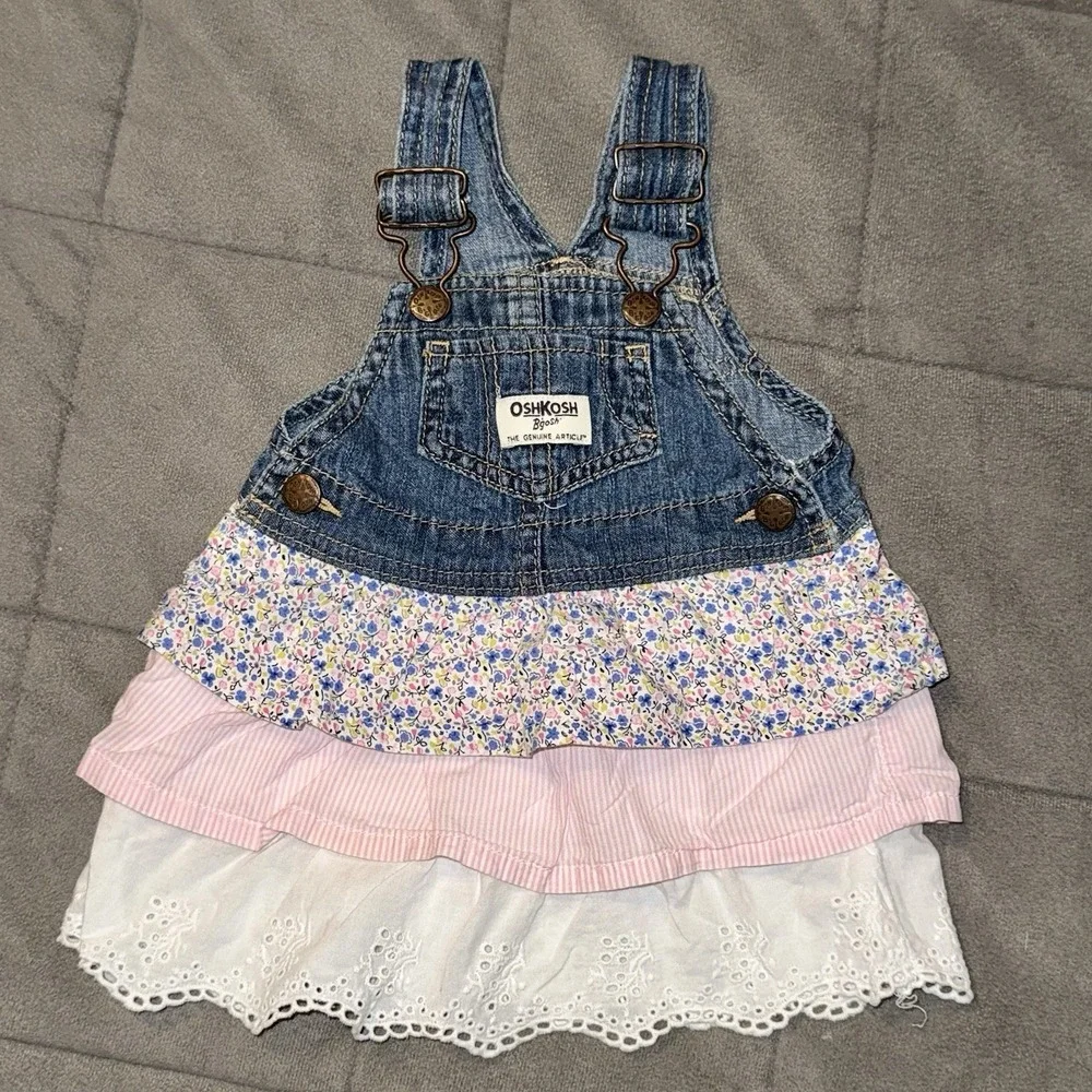 OshKosh B'Gosh Denim VestBak Overall Dress 6 Mon Ruffled Tiers Skirt Pink Floral